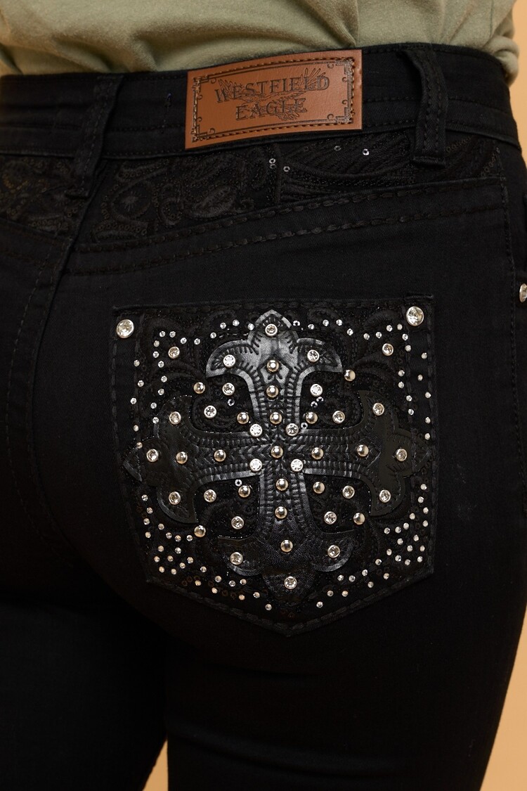 USA Bootcut Embroidered Stretchy Women's Jeans With Rhinestones-Black WF-011