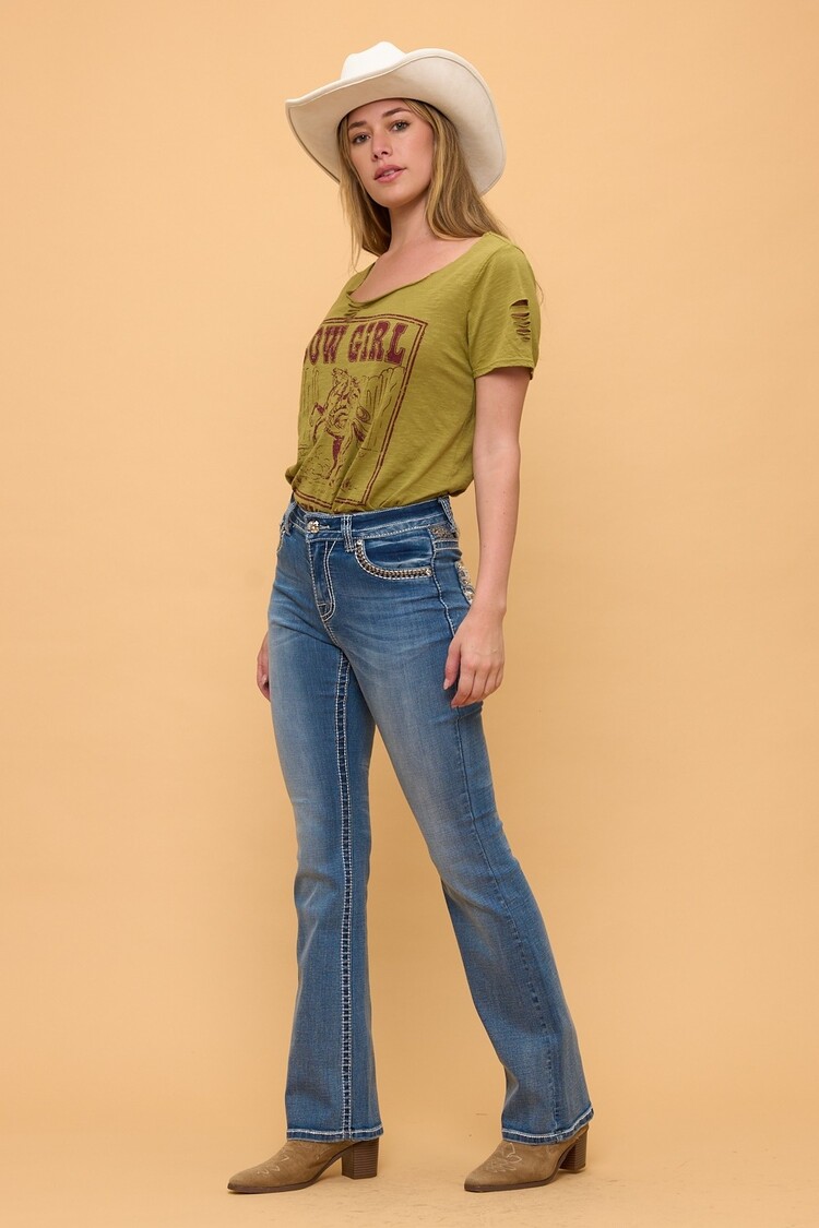 USA Bootcut Stretchy Women's Jeans With Rhinestones-Blue WT-782