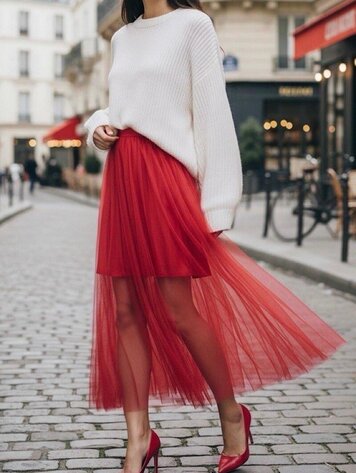 Paris Pleated Tulle Midi Skirt - Red