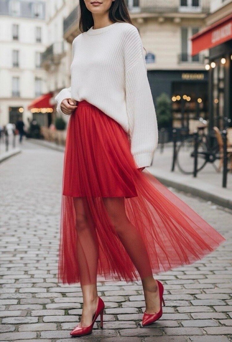 Paris Pleated Tulle Midi Skirt - Red