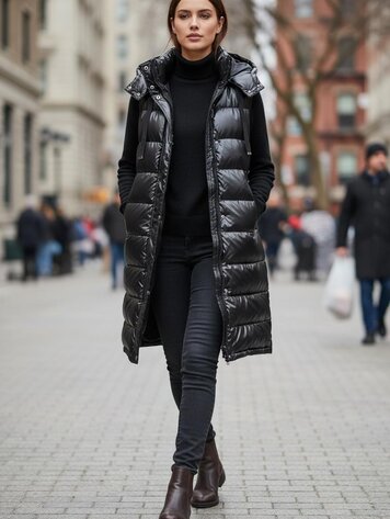 Paris Long Hooded Puffer Vest- Black