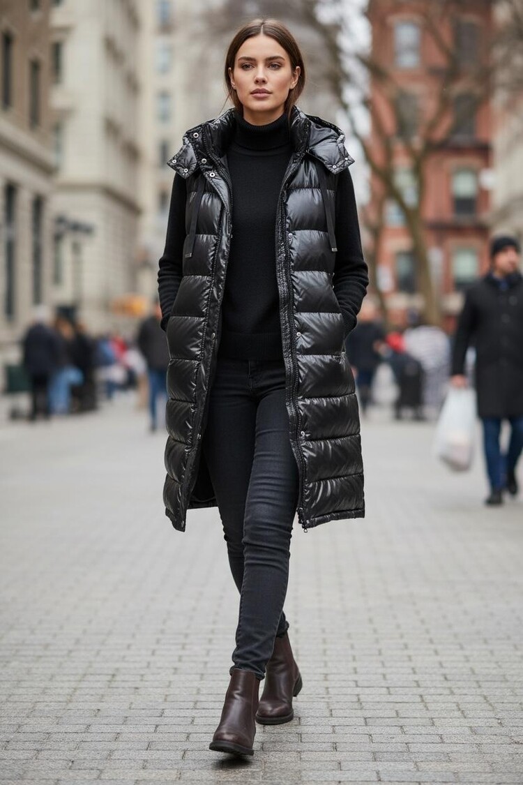 Paris Long Hooded Puffer Vest- Black