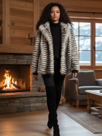 Germany Lux Faux Fur Horizontal Striped Jacket-Brown/White