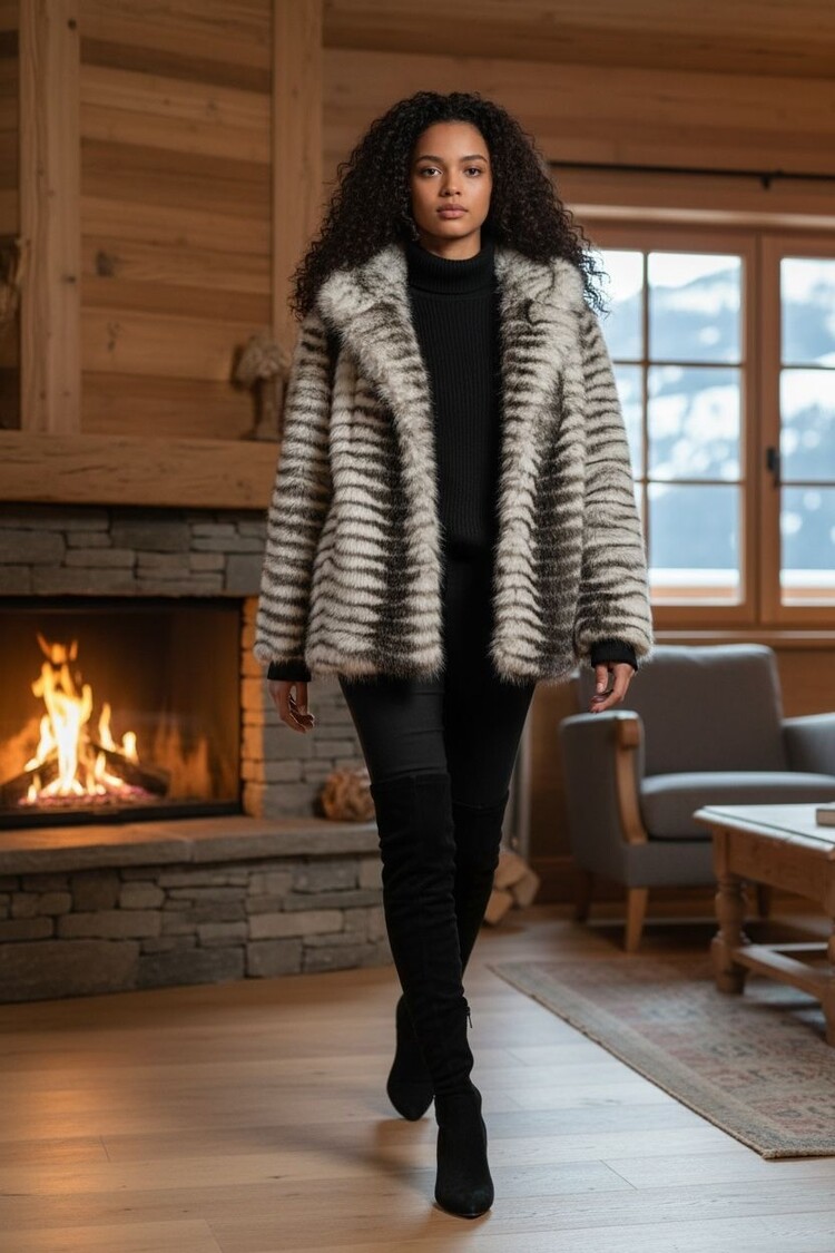 Germany Lux Faux Fur Horizontal Striped Jacket-Brown/White