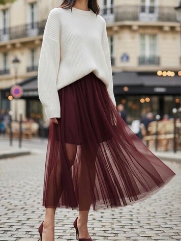 Paris Pleated Tulle Midi Skirt - Burgundy