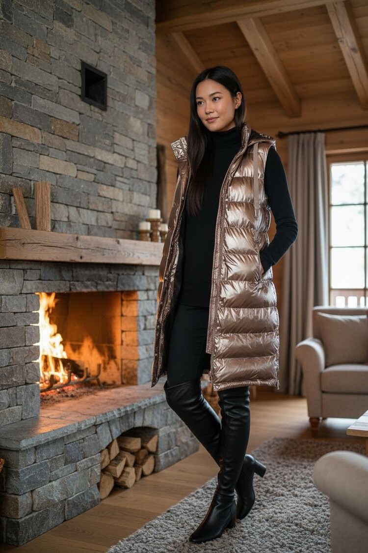 Paris Long Hooded Puffer Vest- Bronze