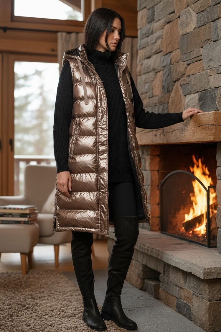 Paris Long Hooded Puffer Vest- Bronze