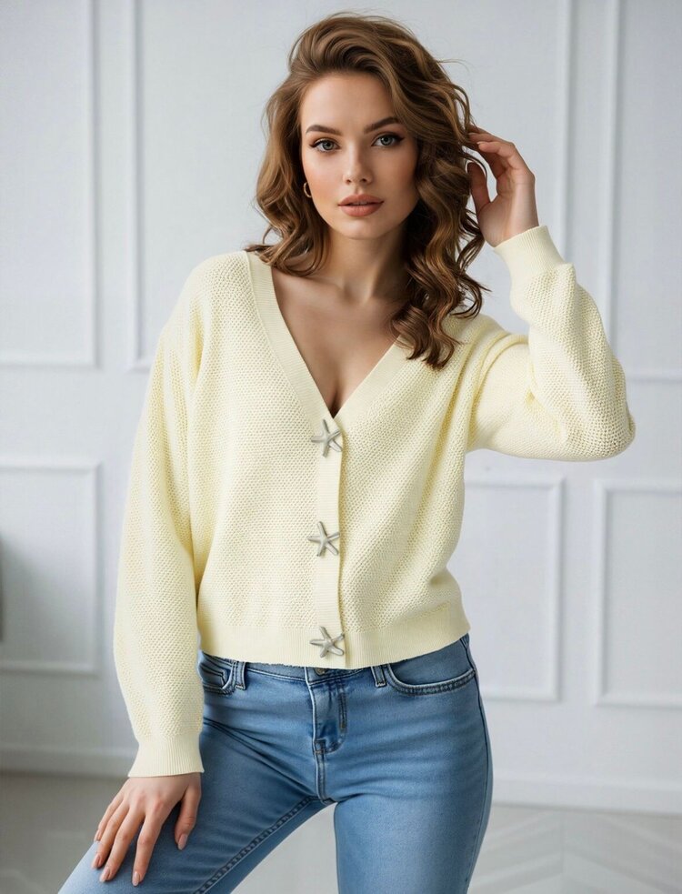 Paris Chic Cropped Cardigan W/Nautical Buttons-Yellow 50027