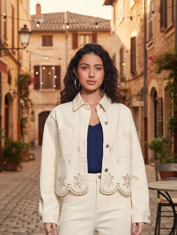 Paris Cropped Eyelet Denim Jacket-Ecru V9091C