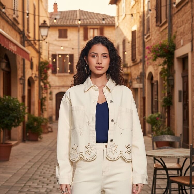 Paris Cropped Eyelet Denim Jacket-Ecru V9091C