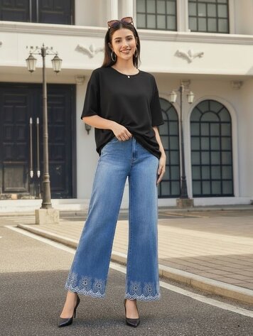 Paris Wide Leg Jeans W/Floral Embroidery JP9010