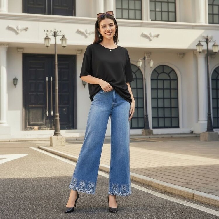 Paris Wide Leg Jeans W/Floral Embroidery JP9010