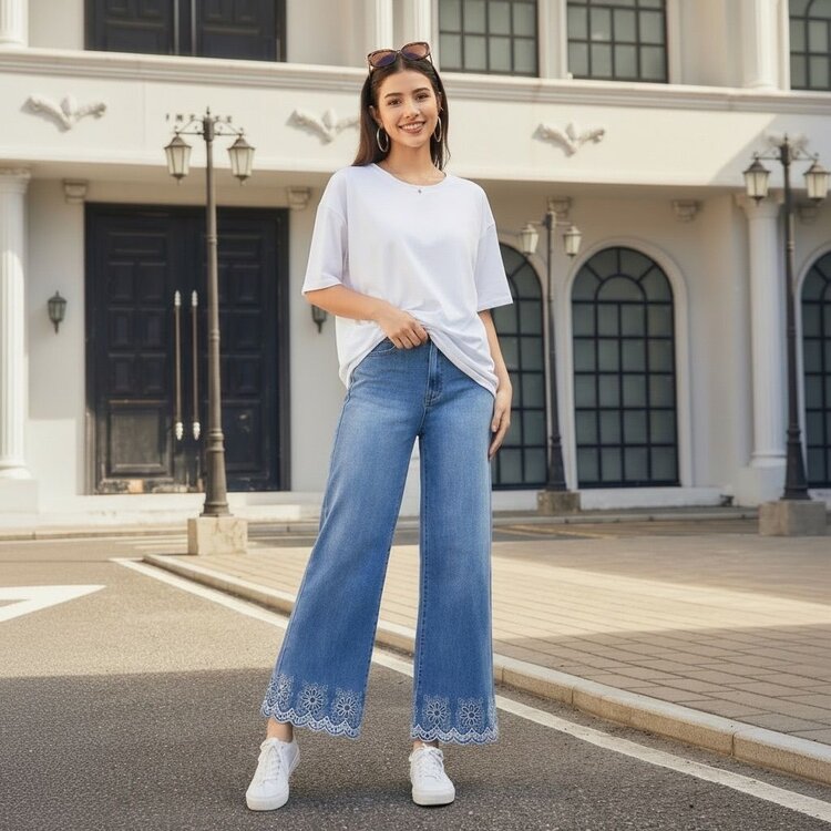 Paris Wide Leg Jeans W/Floral Embroidery JP9010