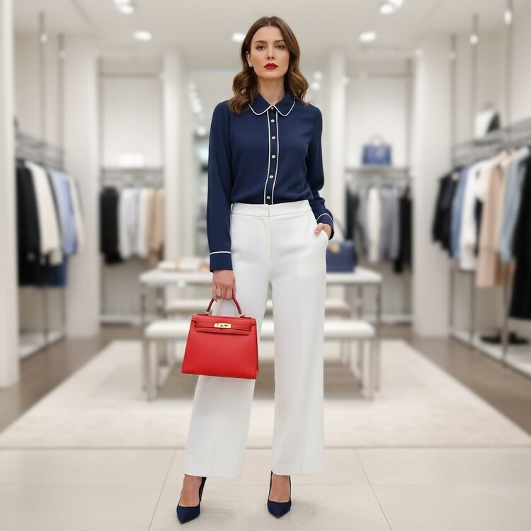 USA Crepe Contrast Piping Oversized Dress Shirt