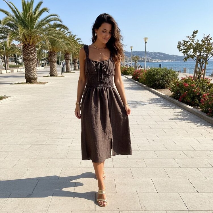 USA Sleeveless Smocked Waist Midi Dress-DX46429