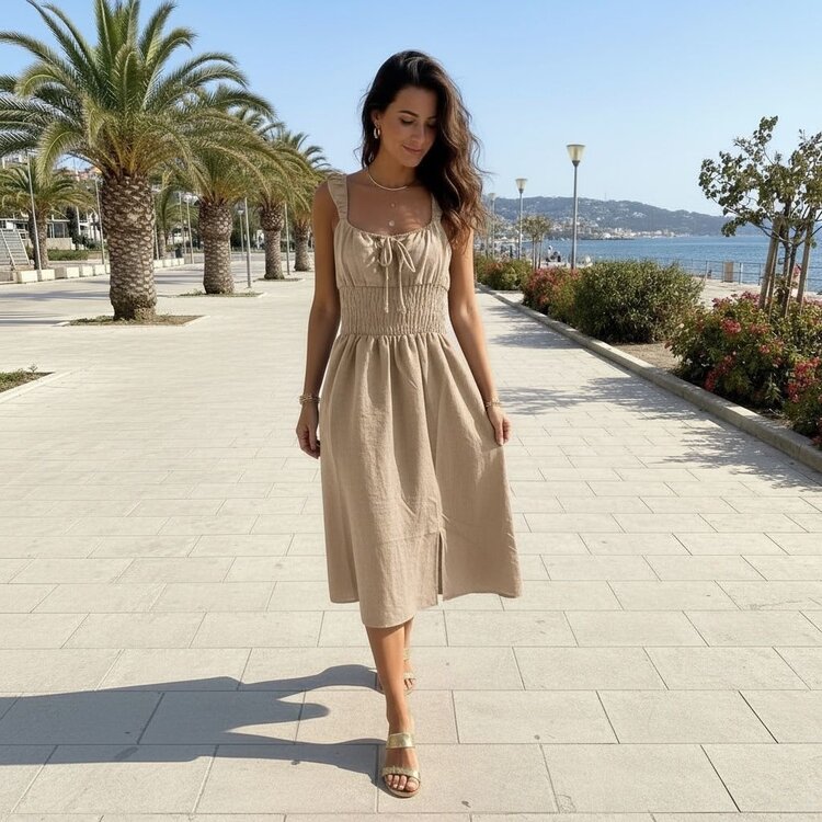 USA Sleeveless Smocked Waist Midi Dress-DX46429