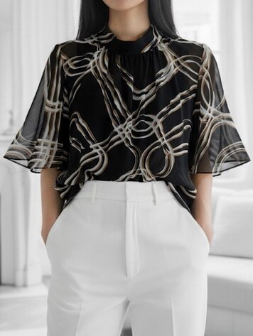Printed Blouse W/Romantic,Chic & Trendy Sleeves-Chain Loop Keyhole