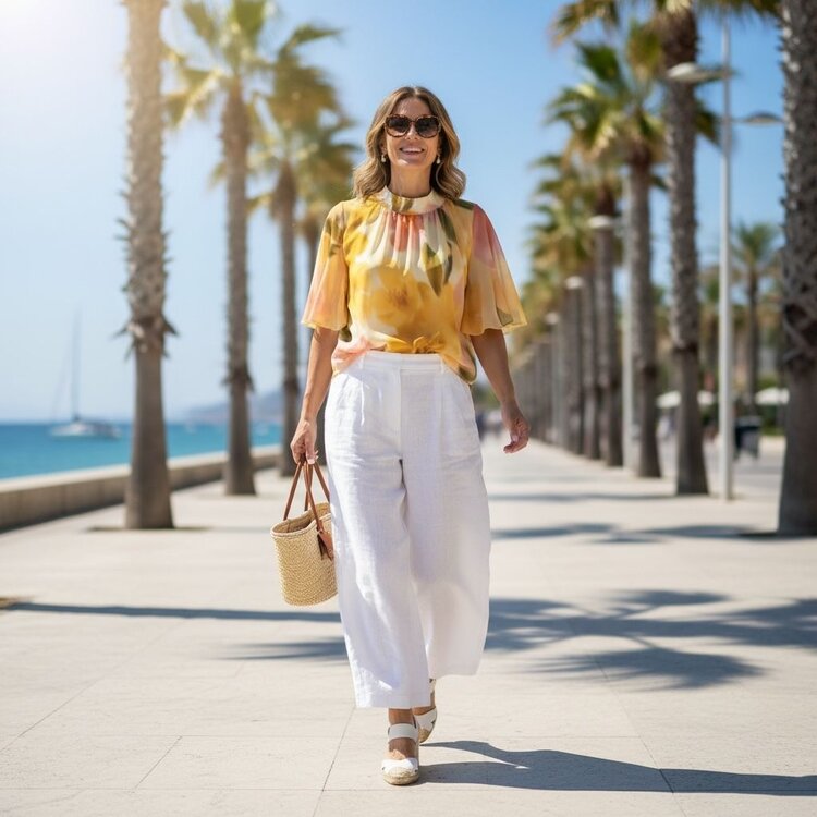 Printed Blouse W/Romantic,Chic & Trendy Sleeves-Yellow Floral Print