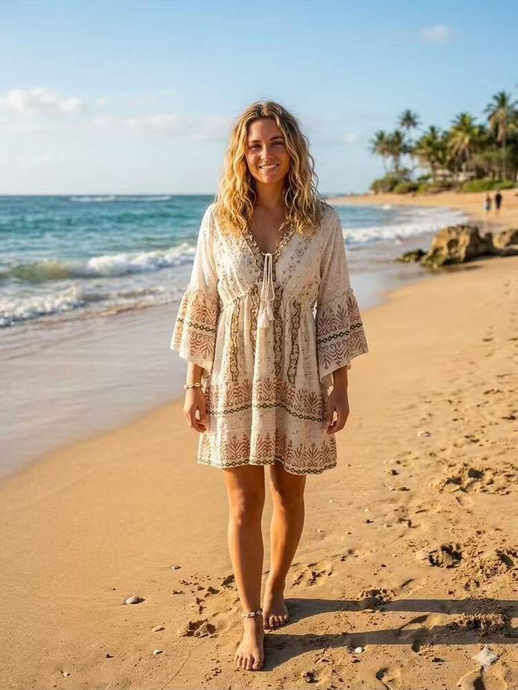 Paris Boho Embroidered Tunic Dress-Beige/Gold (HAND MADE)
