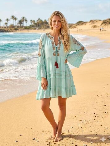 Paris Tiered Boho Smock Dress-Turquoise