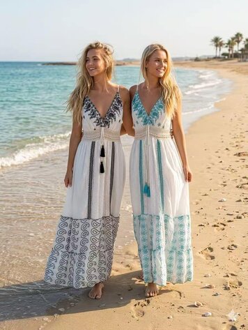Boho Embroidered Maxi Dress-White/Turquoise CG920