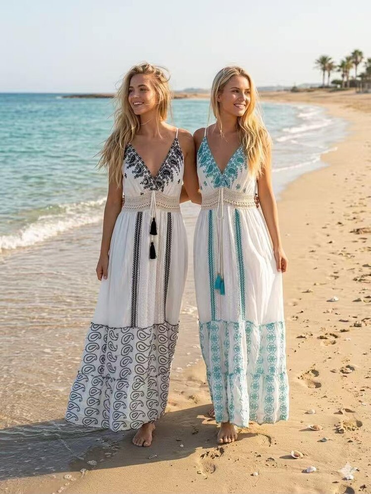 Paris Boho Embroidered Maxi Dress-White/Black CG920
