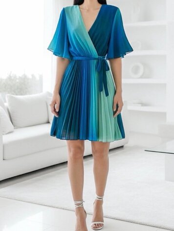 Paris Pleated Chiffon Wrap Midi Dress - Turquoise Wave