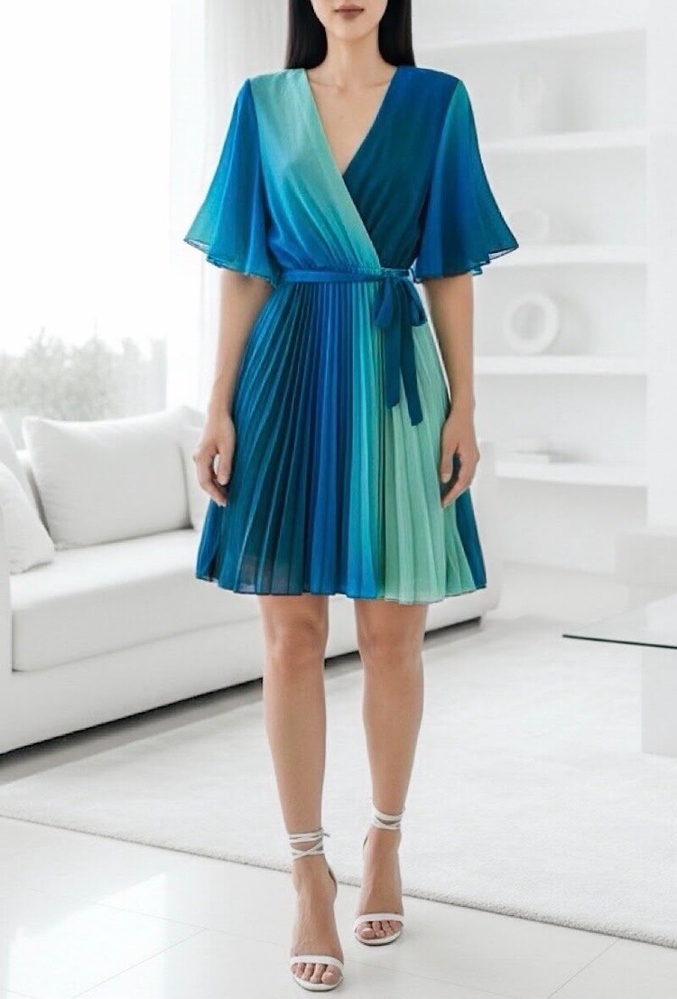 Paris Pleated Chiffon Wrap Midi Dress - Turquoise Wave