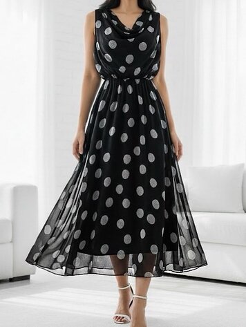 Paris Polka Dot Draped midi Dress - Black
