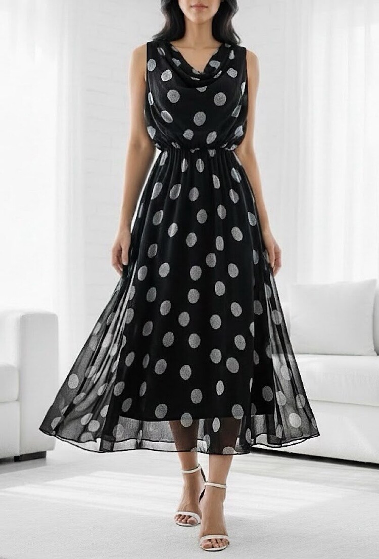 Paris Polka Dot Draped midi Dress - Black