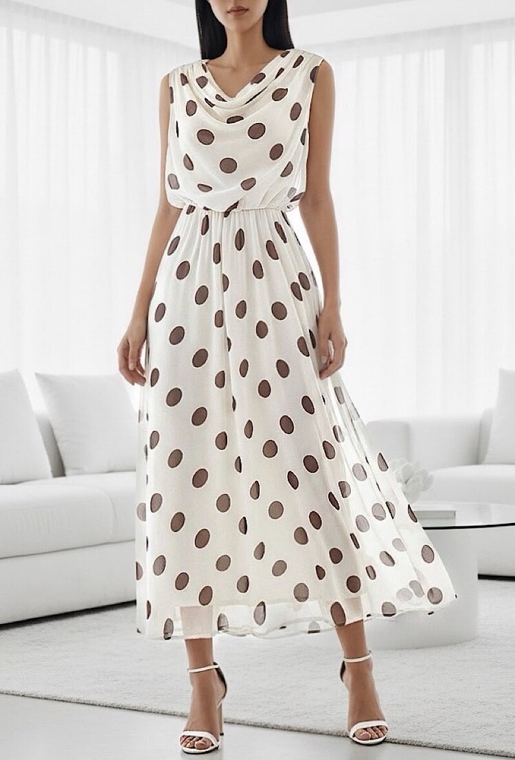 Paris Polka Dot Draped midi Dress - Cream