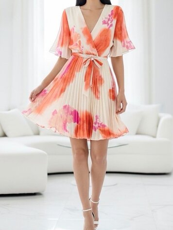 Paris Pleated Chiffon Wrap Midi Dress -Coral Sunset