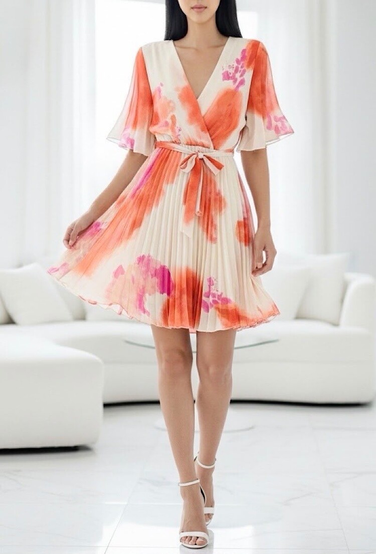Paris Pleated Chiffon Wrap Midi Dress -Coral Sunset