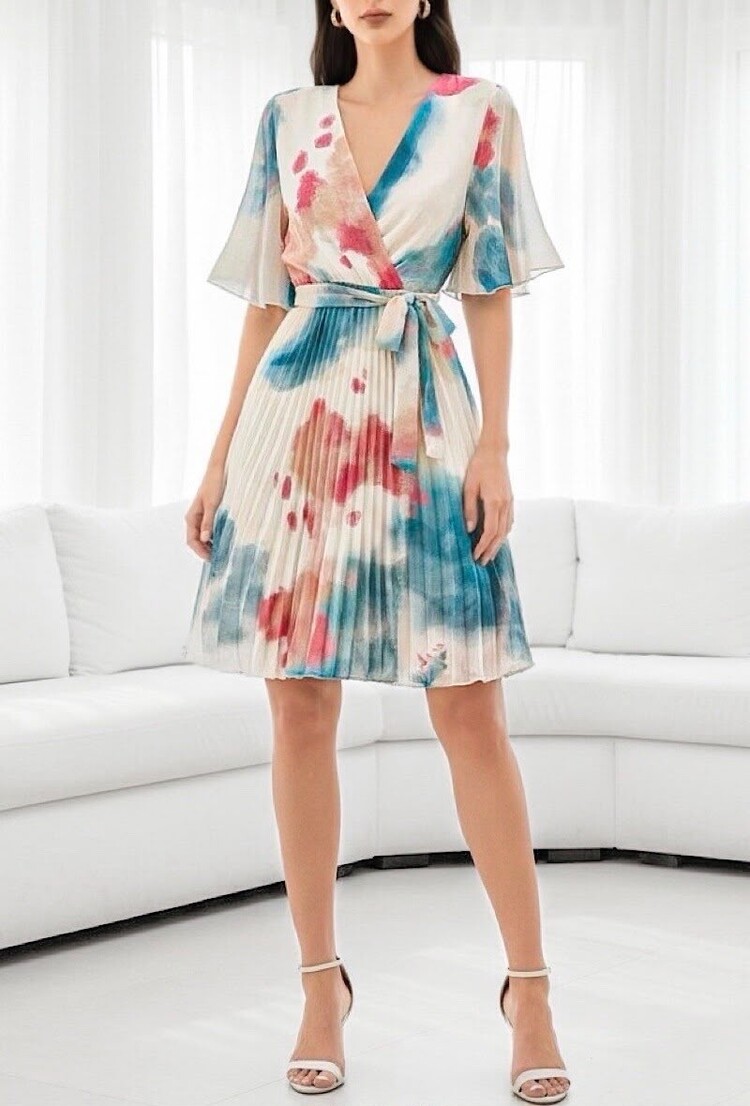 Paris Pleated Chiffon Wrap Midi Dress -Sand & Sky