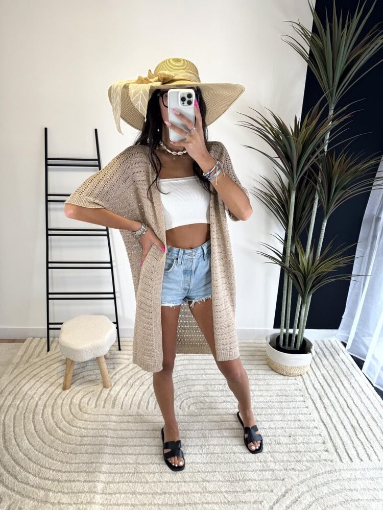 Paris Crochet Open-Front Cardigan-Gold