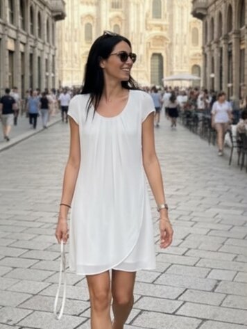 Italy Pleated Cap-Sleeve Chiffon Dress-White