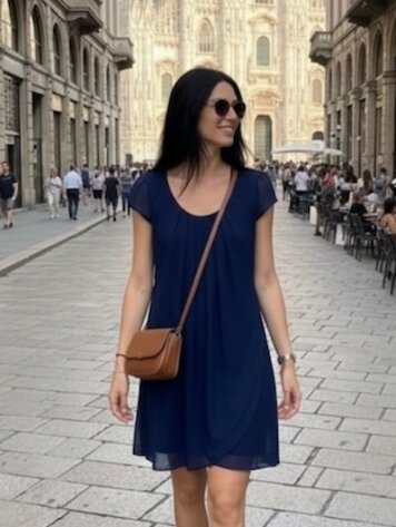 Italy Pleated Cap-Sleeve Chiffon Dress-Navy