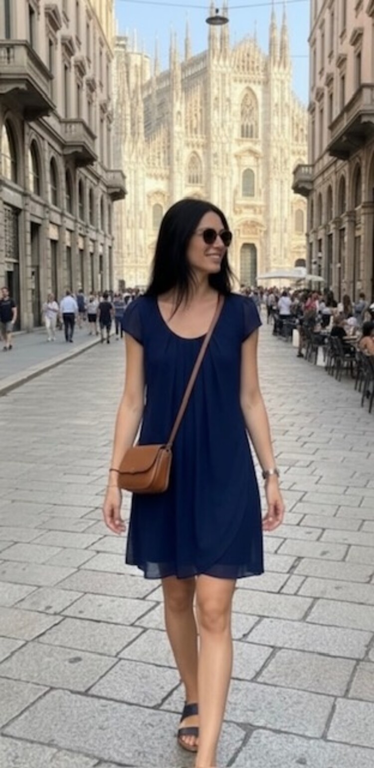 Italy Pleated Cap-Sleeve Chiffon Dress-Navy