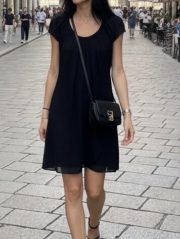 Italy Pleated Cap-Sleeve Chiffon Dress-Black
