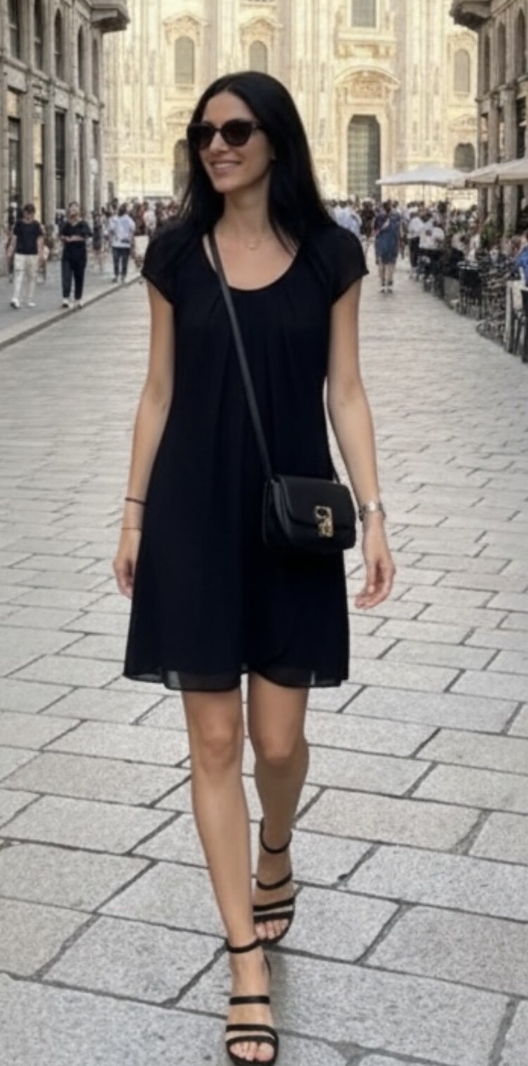 Italy Pleated Cap-Sleeve Chiffon Dress-Black
