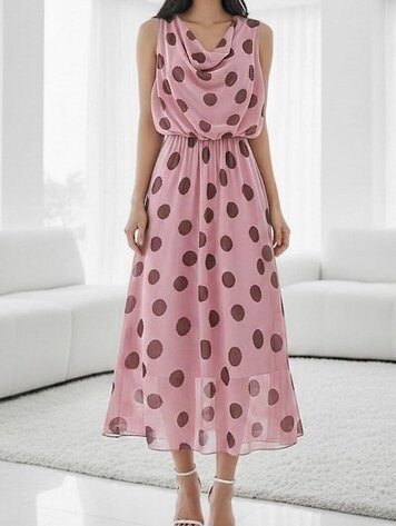 Paris Polka Dot Draped midi Dress-Pink