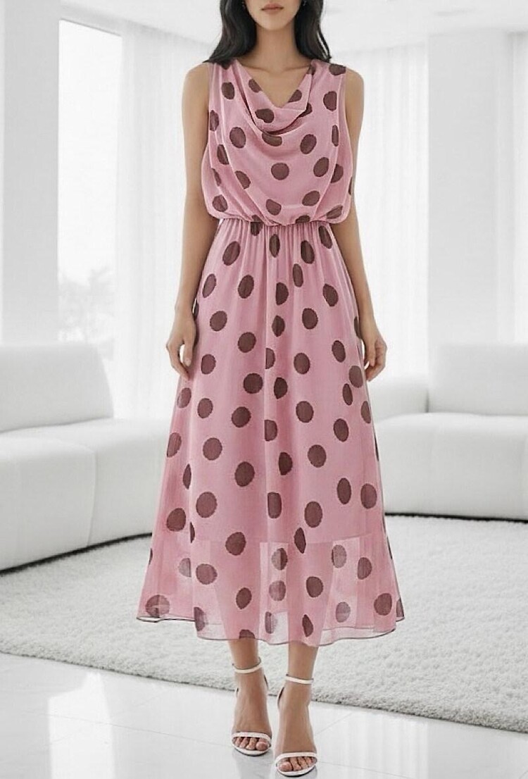Paris Polka Dot Draped midi Dress-Pink