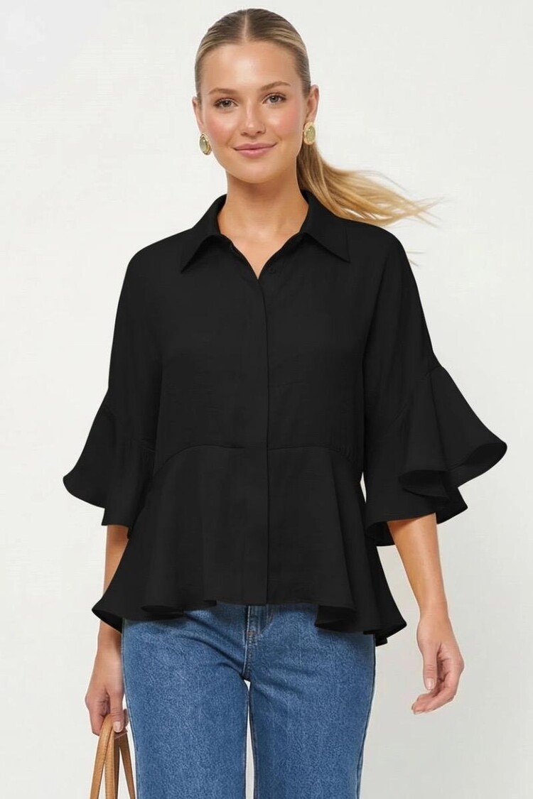 USA 3/4  Flutter Sleeve Top VB9057 Black