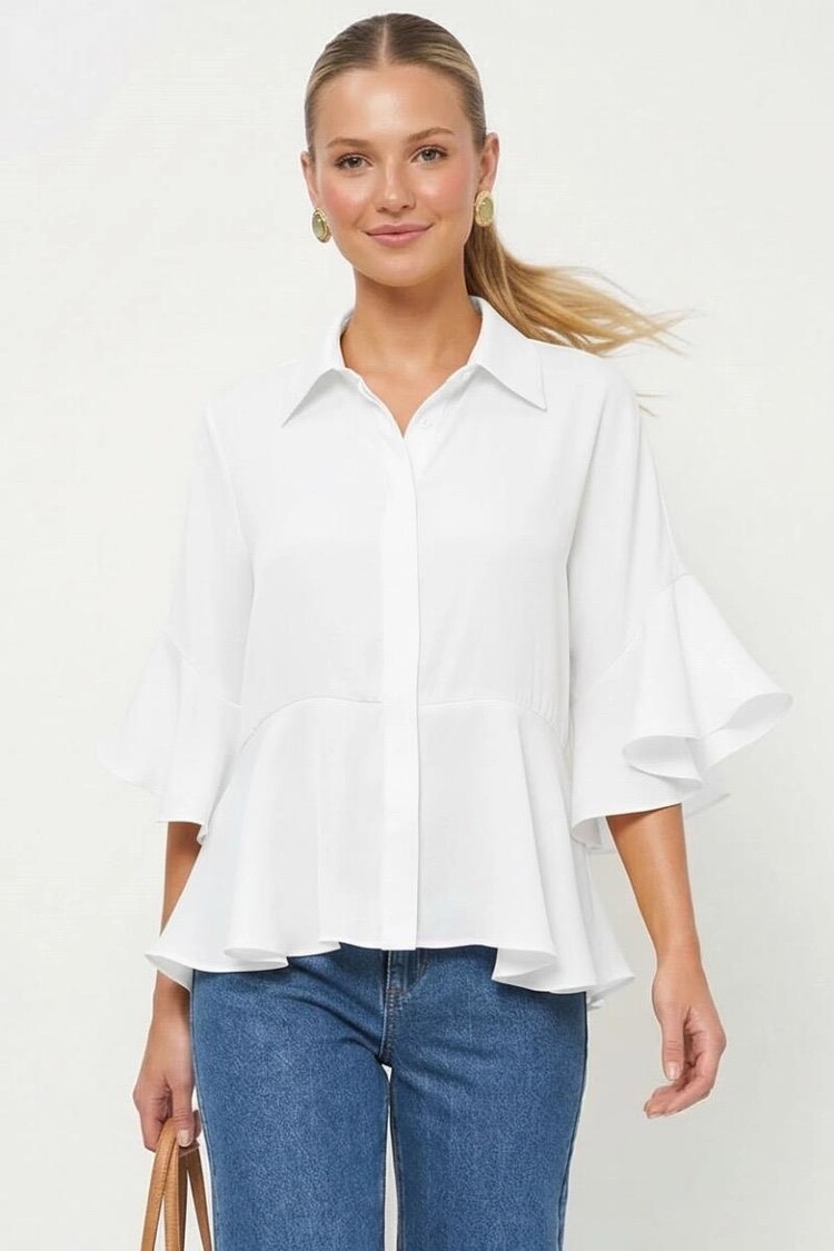 USA 3/4 Flutter Sleeve Blouse Off White VB9057