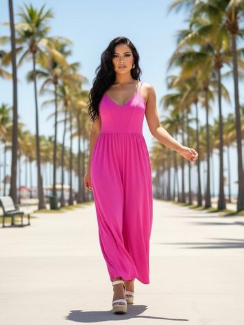 USA Knit Satin Cropped Jumpsuit 15376 - Hot Pink