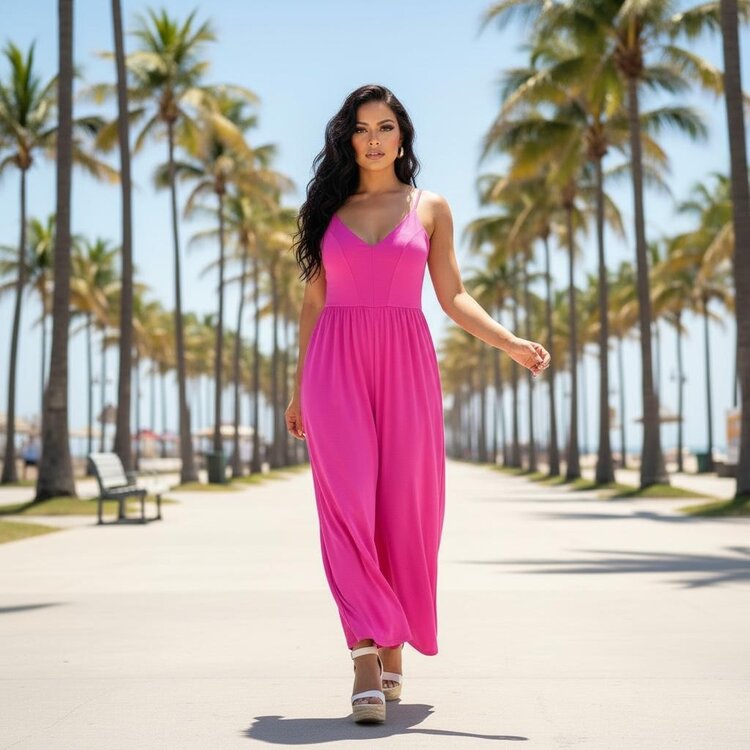 USA Knit Satin Cropped Jumpsuit 15376 - Hot Pink
