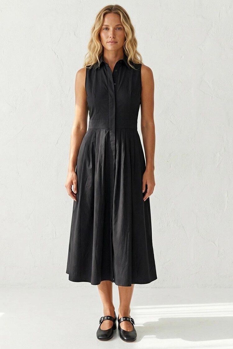 USA Collared Sleeveless Midi Dress - Black WD8009