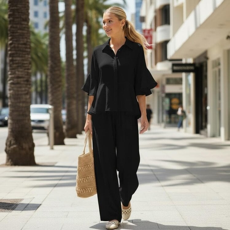 USA 3/4  Flutter Sleeve Top VB9057 Black