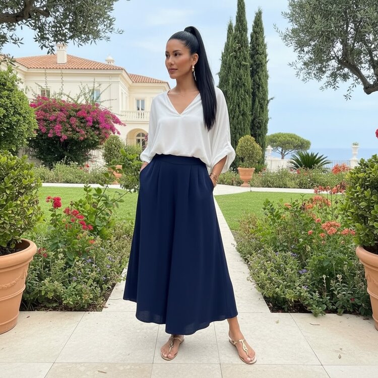 USA Wide Leg Culottes Pants- Navy K209