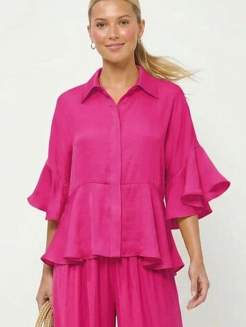 USA 3/4 Flutter Sleeve Blouse Hot Pink